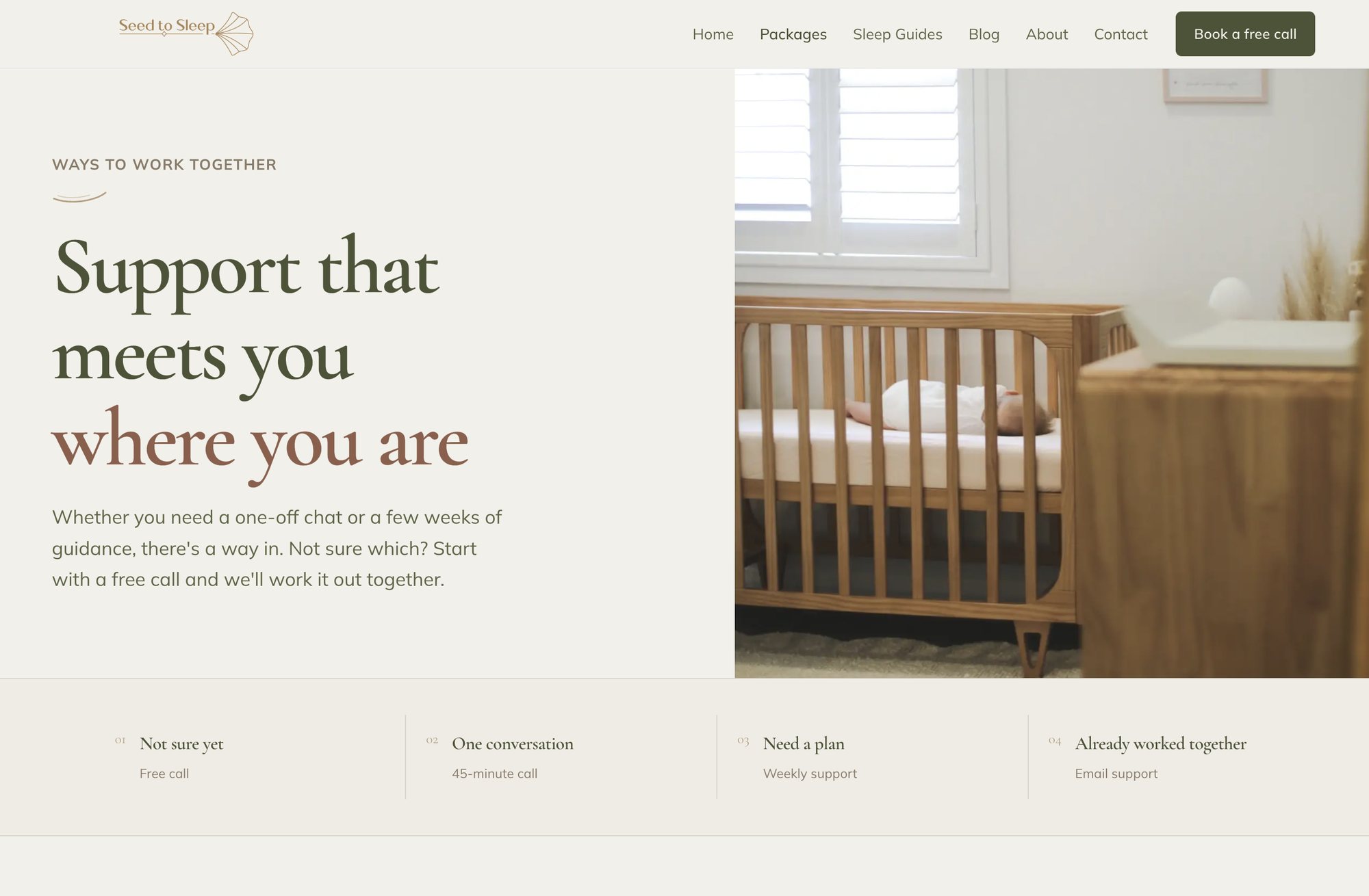 The rebuilt Seed to Sleep packages page, presenting support from a free call through to email support
